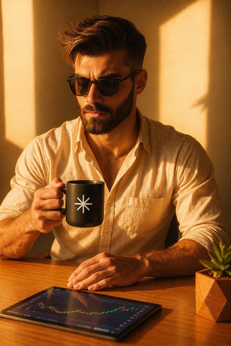 A bearded man wearing sunglasses and a beige linen shirt sits at a wooden desk holding a black mug with an asterisk logo, with a tablet displaying a trading chart and a small potted succulent nearby, lit by warm golden sunlight.