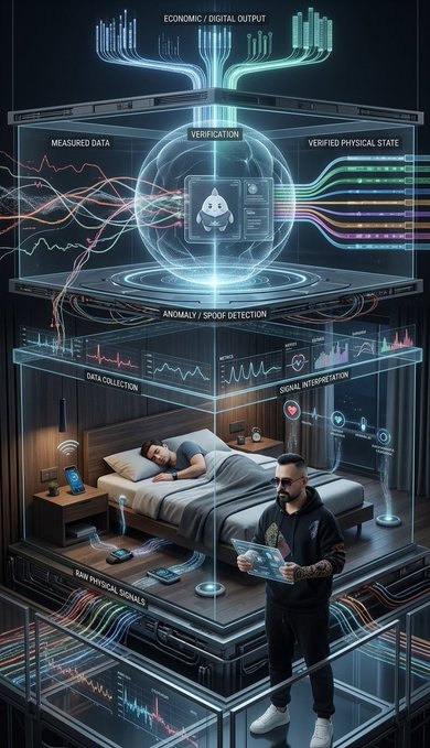 A futuristic digital illustration depicting a verification system with labeled sections for 'Economic/Digital Output,' 'Measured Data,' 'Verification,' 'Verified Physical State,' 'Anomaly/SPOOF Detection,' 'Data Collection,' 'Digital Interpretation,' and 'Raw Physical Signals,' showing a person sleeping in a bed while another figure monitors with a tablet.