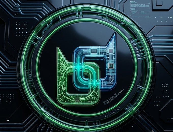 A futuristic digital illustration shows a stylized green and teal cryptocurrency logo resembling an 'h' encased in a glowing circular tech interface.