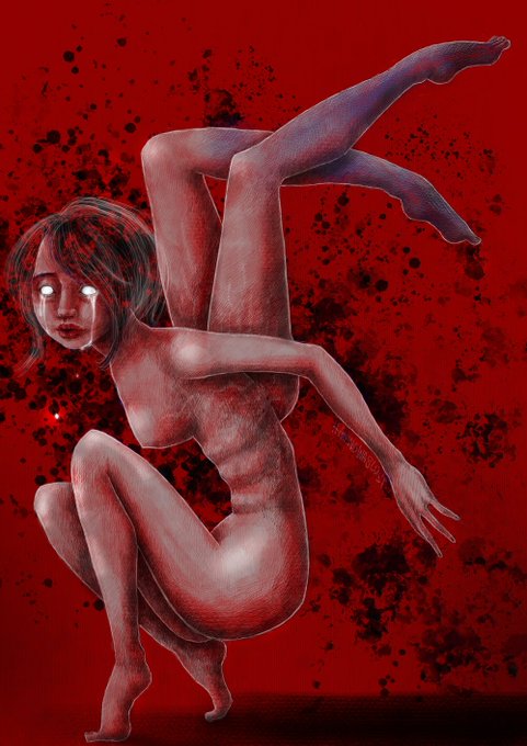 A digital illustration depicts a contorted, nude female figure with multiple limbs and glowing white eyes, set against a vivid red background with dark splatter accents. The artwork has an eerie, surreal quality reminiscent of horror or dark fantasy art.