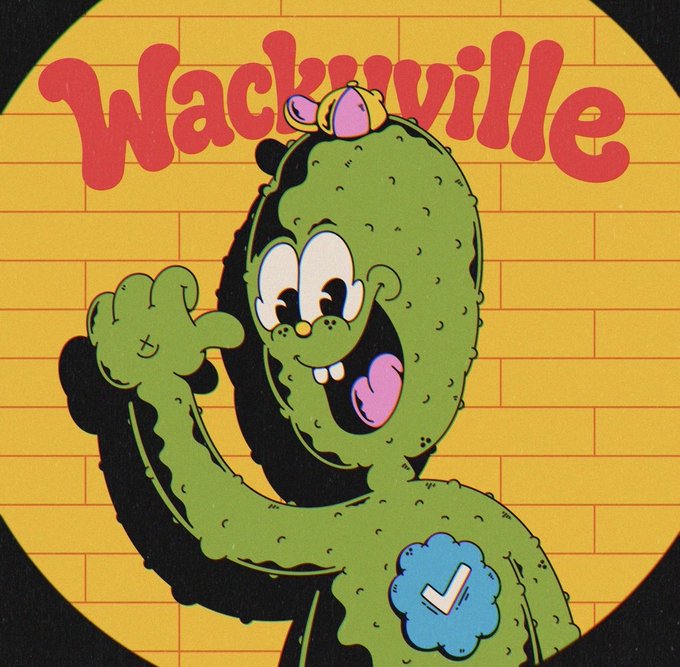 Retro-style cartoon cover art for "Wackyrille" featuring a smiling green cactus character wearing a small crown, set against a yellow brick wall background.