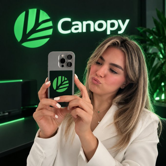 A woman holds up a smartphone displaying the 'Canopy' logo with a green leaf design, matching the illuminated 'Canopy' branding visible on the wall behind her.