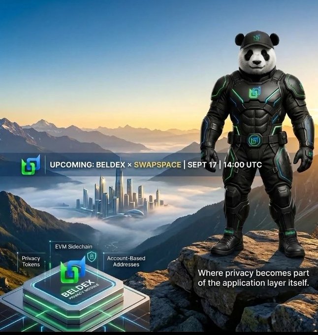 A crypto promotional image featuring a panda-headed figure in black and green armor standing on a mountain cliff, advertising 'UPCOMING: BELDEX × SWAPSPACE | SEPT 17 | 14:00 UTC' with 'Privacy Tokens' and 'Account-Based Addresses' labels.