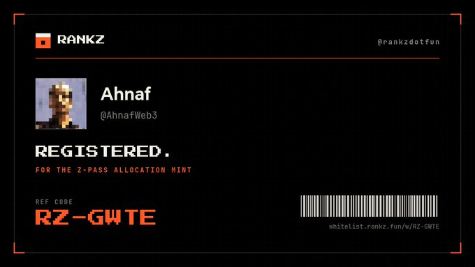 A digital registration card from RANKZ for user 'Ahnaf' (@AhnafWeb3) showing registration for a Z-PASS allocation mint with reference code RZ-GWTE and a barcode.
