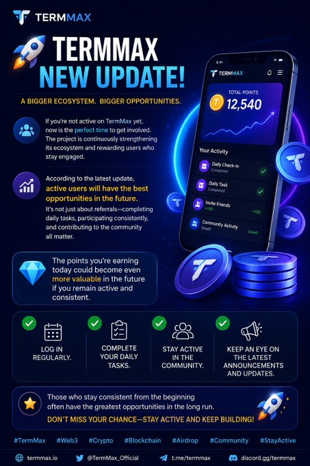 A 'TermMax New Update' infographic announcing a bigger ecosystem with a points system showing 12,540 total points, featuring tasks like daily check-ins, inviting friends, and community activity, along with tips to log in regularly, complete daily tasks, and stay active.