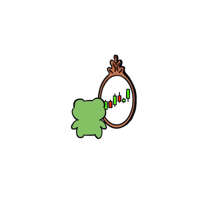 A green cartoon frog stands facing an ornate oval mirror, with a red and green candlestick chart visible in the reflection. The image complements the $POMP cryptocurrency post, suggesting the meme coin is "looking in the mirror" at its price action reflected in the candlestick pattern.