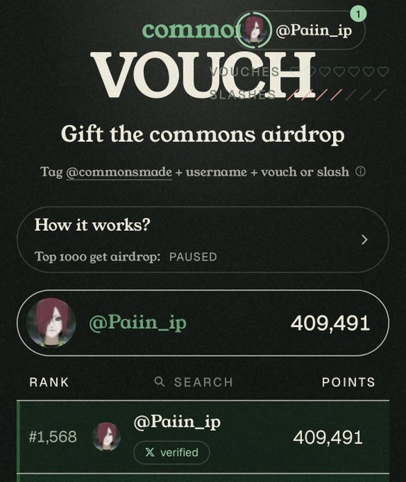 A "VOUCH" page on commons shows user @Pain_ip ranked #1,568 with 409,491 points in the commons airdrop leaderboard.