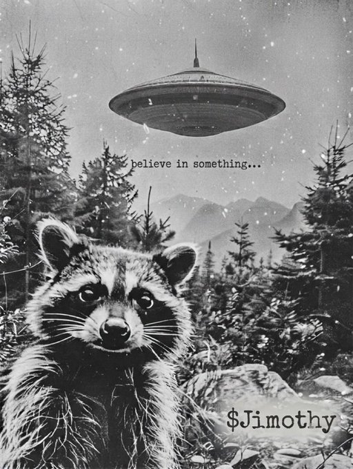 A vintage-style black and white collage features a raccoon in the foreground, a UFO in the sky above a forest and mountains, with the text 'believe in something...' and '$Jimothy'.