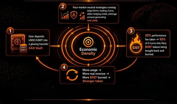 An infographic explaining a cryptocurrency economic density model, detailing steps like user deposits into "XAX Vault," market-neutral strategies, and $XEF token burning.