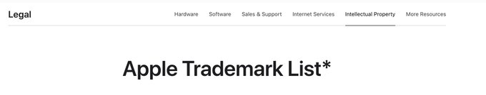 A cropped screenshot of Apple's Legal website showing the "Apple Trademark List*" page header, with navigation tabs (Hardware, Software, Sales & Support, Internet Services, Intellectual Property, More Resources) at the top, corresponding to Apple's recent update of their trademark list with new additions like Apple Games, ClockKit, Core Animation, Core Haptics, Create ML, and CryptoKit.