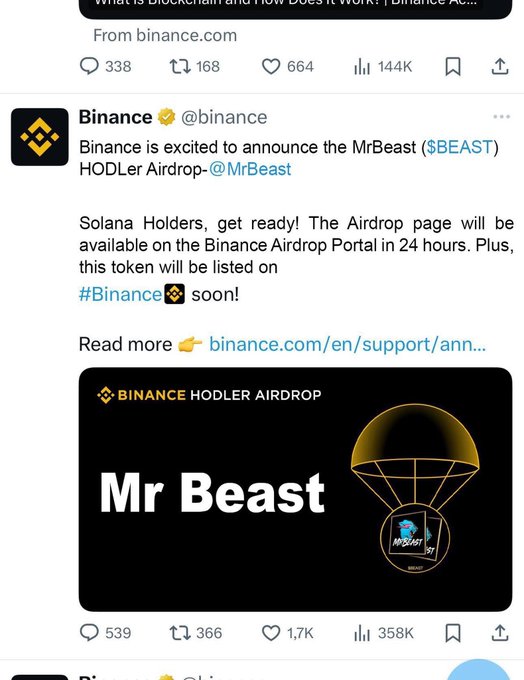 A tweet from the official @binance account announces the "$BEAST" Hodler Airdrop in partnership with @MrBeast, noting that the Airdrop page will be available within 24 hours and the token will be listed on Binance, aligning with the accompanying post promoting the $BEAST Coin presale.
