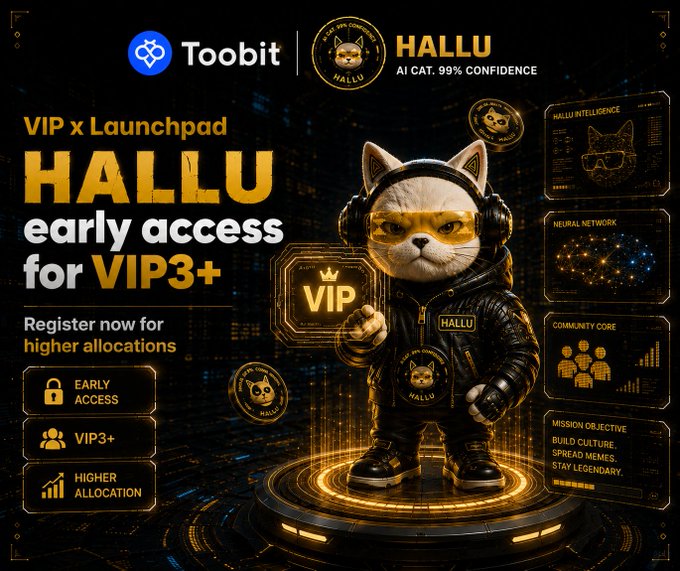 The promotional graphic announces "HALLU Early Access for VIP3+" on the Toobit Launchpad, featuring a confident cat mascot wearing headphones and a leather jacket beside a golden "VIP" badge, with side panels highlighting "Hallu Intelligence," "Neural Network," "Community Core," and a "Mission Objective" to build culture and spread memes—capturing the hype and exclusivity the post's "Are you ready?" call-to-action is asking viewers to respond to.