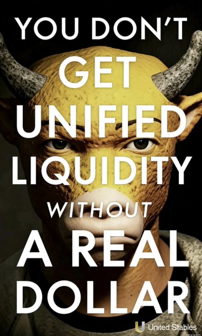 A promotional image for 'United Stables' featuring a Shrek-like horned character with bold text reading 'YOU DON'T GET UNIFIED LIQUIDITY WITHOUT A REAL DOLLAR'.