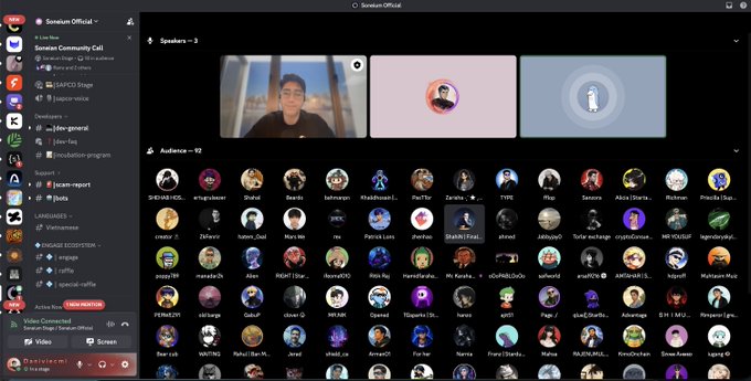 A Discord voice channel screenshot showing 3 speakers and 92 audience members for a Soneium Community Call featuring Sonaverse, with the AMA participants @0xRamz and the SuperCashMe founder joining for the session organized by the Soneium and Startale teams.