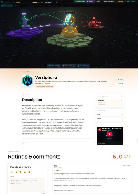 A webpage for 'Westphalia' describes it as an on-chain multi-LLM dispute consensus protocol for autonomous AI agents under DeriLayer's Equivalence Principle, with a 5.0 rating and reviews visible below.