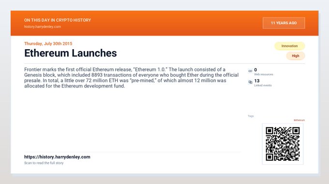 A 'Crypto History' page commemorating 'Ethereum Launches' on Thursday, July 30th 2015, noting that 72 million ETH was pre-mined.