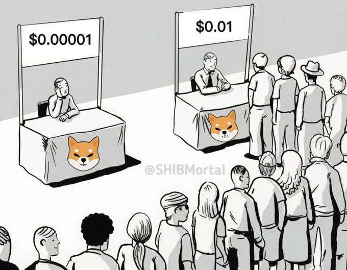 Two booths featuring Shiba Inu logos display wildly different prices—one vendor sits alone at a booth priced at "$0.00001," while a large crowd flocks to another selling at "$0.01," illustrating how the crowd often misses early opportunities in $SHIB before it breaks all-time highs in the next bull market.