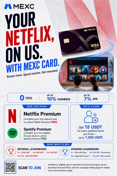 An advertisement for MEXC card promotes 'YOUR NETFLIX, ON US' with offers of 0 fees, up to 10% cashback, and up to 7% APR, including details for new user perks and invite rewards.