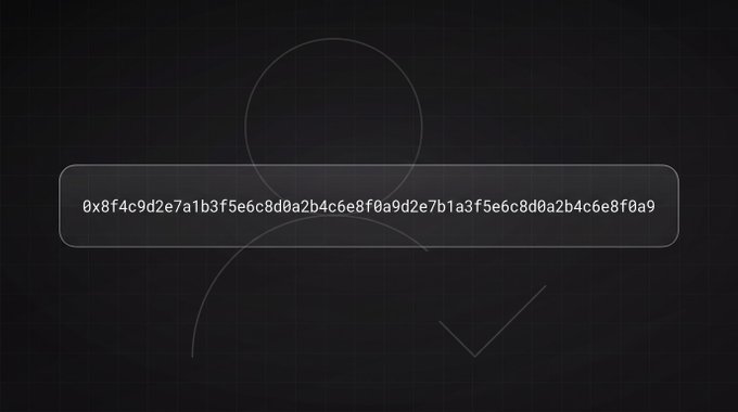 A dark screen displaying a hexadecimal address '0x8f4c9d2e7a1b3f5e6c8d0a2b4c6e8f0a9d2e7b1a3f5e6c8d0a2b4c6e8f0a9' over a faded user silhouette.