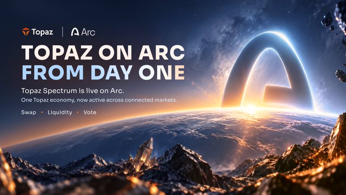 A promotional banner reads 'TOPAZ ON ARC FROM DAY ONE', announcing that Topaz Spectrum is live on Arc for swap, liquidity, and voting.