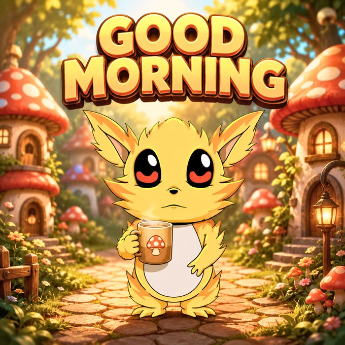 A digital illustration of a cute yellow fox-like creature holding a mug with a mushroom design, standing on a cobblestone path in a village of mushroom houses, with bold 'GOOD MORNING' text above.