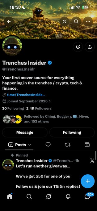 The image shows a Twitter (X) profile page for "Trenches Insider" (@TrenchesInsidr), which has 2.4K followers and a pinned post announcing a $50 giveaway. The accompanying text "BakyXRTtW2cdivHrqoENQhSfaMjGLRgDudV8QSBGcKNf Thank you" appears to be a cryptocurrency wallet address and message, likely submitted as an entry to the giveaway promotion shown on the profile.