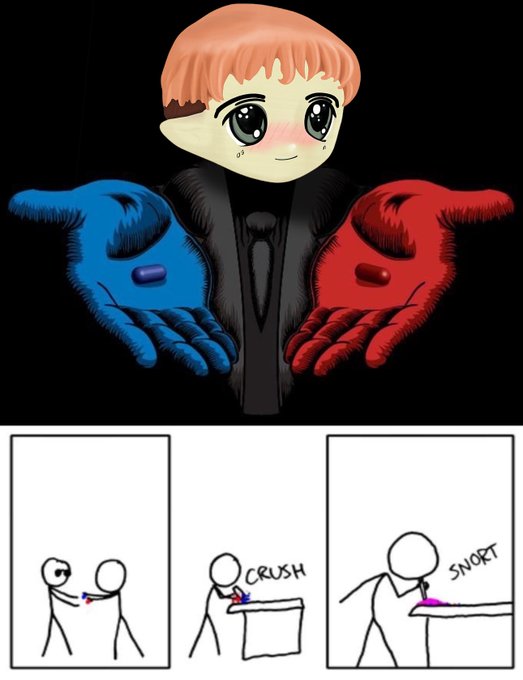A meme featuring an anime character offering a blue and red pill (Matrix reference), paired with a comic strip below showing stick figures crushing and snorting pills labeled 'CRUSH' and 'SNORT'.
