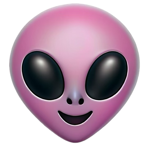 A pink alien emoji face with large black eyes and a smiling mouth against a white background.