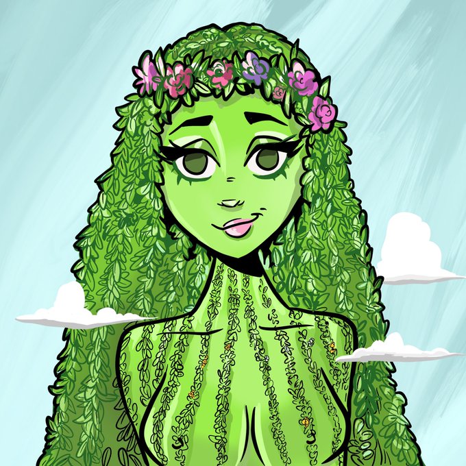 A digital drawing of a green-skinned character with hair and body made of leaves and vines, wearing a floral crown against a light blue sky with clouds.