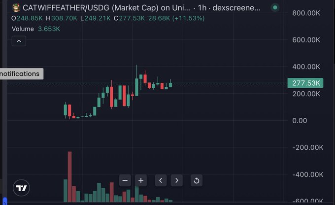 A TradingView 1-hour candlestick chart of the CATWIFFEATHER/USDG trading pair on Uniswap, showing a current price of 277.53K (up 11.53%) with a 24-hour volume of 3.653K. The wallet address 0x9411673acad2Ff68810713cbc04E029c8d636FE6 is likely associated with significant trading activity or a notable position in this memecoin.