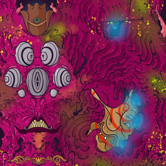 A vibrant pink and purple surreal digital illustration featuring various eyes, teeth, and abstract organic shapes.