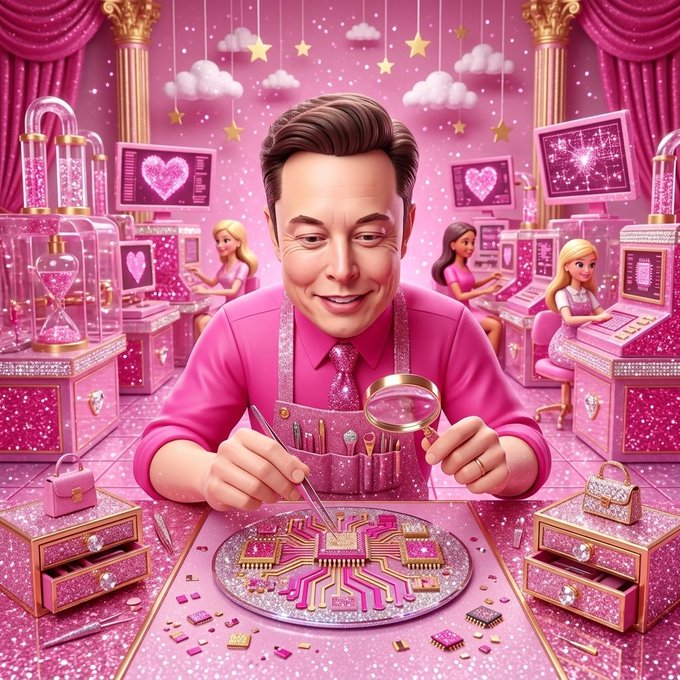 The image depicts Elon Musk in a pink-themed, glittery lab surrounded by Barbie-like assistants working at heart-monitored computers, with Musk examining a circuit board through a magnifying glass. The post's references to SMIC's restrictions, multi-patterning DUV tools, and Huawei's AI accelerators are satirized through the absurd "pink-themed" chip fabrication scene, while the "$BDEM moon mission algorithms" jab likely alludes to Musk's SpaceX ambitions—portraying chipmaking as a glitzy, novelty enterprise rather than serious semiconductor engineering.