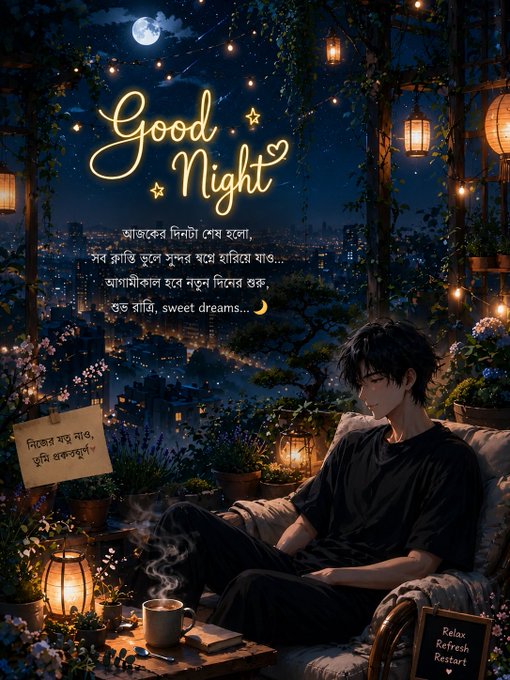 An anime-style illustration depicts a young man with dark hair relaxing on a balcony at night with a coffee mug, surrounded by glowing lanterns and plants, with a city skyline in the background and neon-style text reading 'Good Night'.