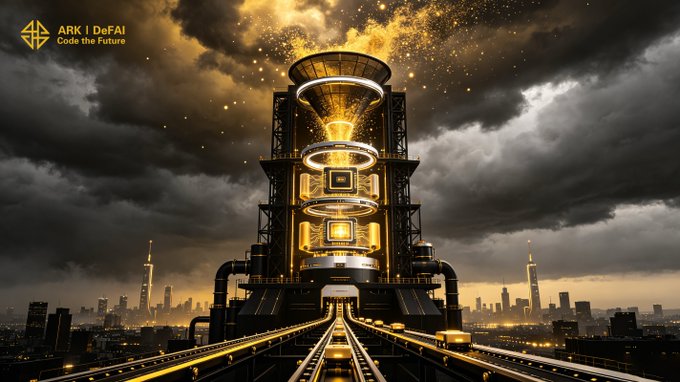 The image showcases the ARK I DeFAI logo ("Code the Future") in the top-left corner above a towering, futuristic industrial structure glowing with golden light, set against a dramatic stormy sky and city skyline. It visualizes the ambitious scope of the message—positioning ARK as monumental infrastructure built to power the next era of AI agents and large-scale execution, with the radiant tower symbolizing a launchpad for what's still to come.