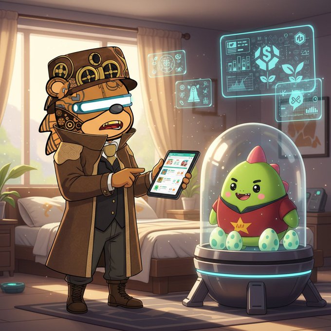 The image features a cartoon character dressed as a steampunk-style pirate, holding a tablet computer while standing next to a green dinosaur toy. The pirate appears to be pointing at something on the screen of the tablet. In the background, there is a bed with a pillow and a potted plant nearby. The post includes text that reads "gm fam logging another great sleep my dino is thriving big time data staying clean and truly mine this grind beats doomscrolling hands down @sleepagotchi nailed the wellness game streak building nicely for the leaderboard mindshale top spots here we come habits".