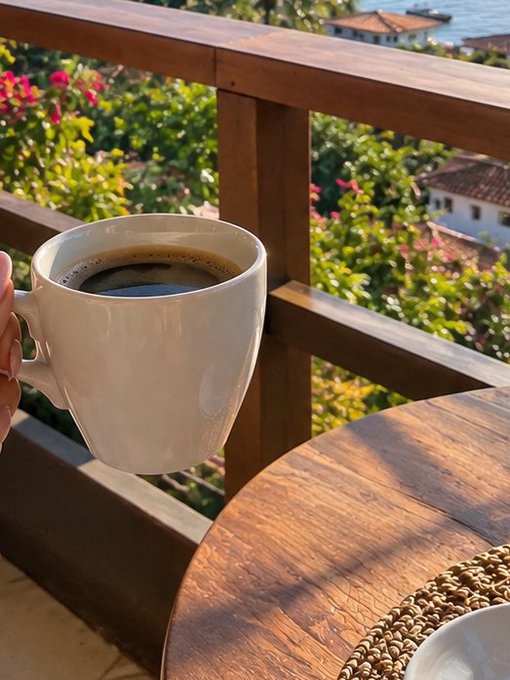 A hand holding a white ceramic mug filled with black coffee, set against a sunny outdoor balcony view with tropical plants and a distant seascape.