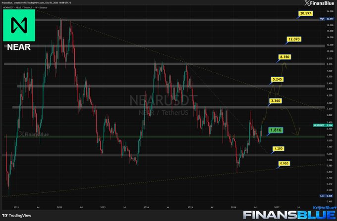 A TradingView financial chart shows the NEAR/USD price on NEAR / TetherUS pair, displaying resistance levels like 20.597, 12.070, 8.350, 5.245, and 3.360 with current price at 2.246.