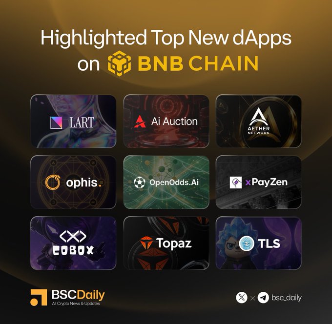 The image showcases the "Highlighted Top New dApps on BNB Chain," featuring nine featured projects: LART, Ai Auction, Aether Network, ophis, OpenOdds.Ai, xPayZen, COBOX, Topaz, and TLS. The graphic is credited to BSCDaily ("All Crypto News & Updates") with their Telegram handle @bsc_daily and Twitter @bsc_daily, aligning with the social media post promoting these same nine BNB Chain dApps.