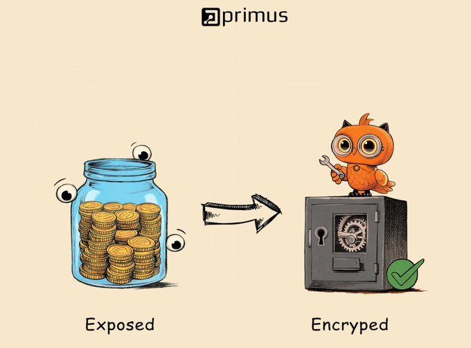 An illustration by 'primus' showing a jar of gold coins labeled 'Exposed' being transformed by an arrow into a safe guarded by a small orange creature with a wrench, labeled 'Encyped'.