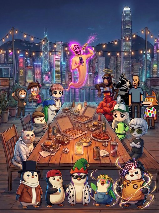 A vibrant rooftop gathering in the Hong Kong skyline at night, featuring an animated cast of avatars—including a floating neon ghost holding a drink at center stage—gathered around a long feast-filled table, with a row of costumed penguin and cat NFT characters striking playful poses along the front railing. The cityscape backdrop and the celebratory, community feel of the PFP gathering visually echo the post's excitement about being featured alongside the MoonCat character in the city's heart.