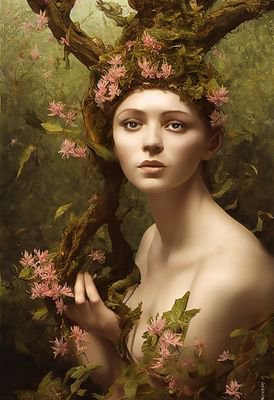 A digital painting titled "Souls of Nature No 5" by Vibeke Alvestad depicts a woman whose head and arms merge with blossoming tree branches and pink flowers, visually embodying the post's theme of a figure growing organically from the forest rather than simply standing within it.