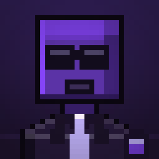 A minimalist pixel art portrait of a purple-skinned figure with dark sunglasses and a suit, holding what appears to be a purple smartphone, with a small purple vial visible in the corner.