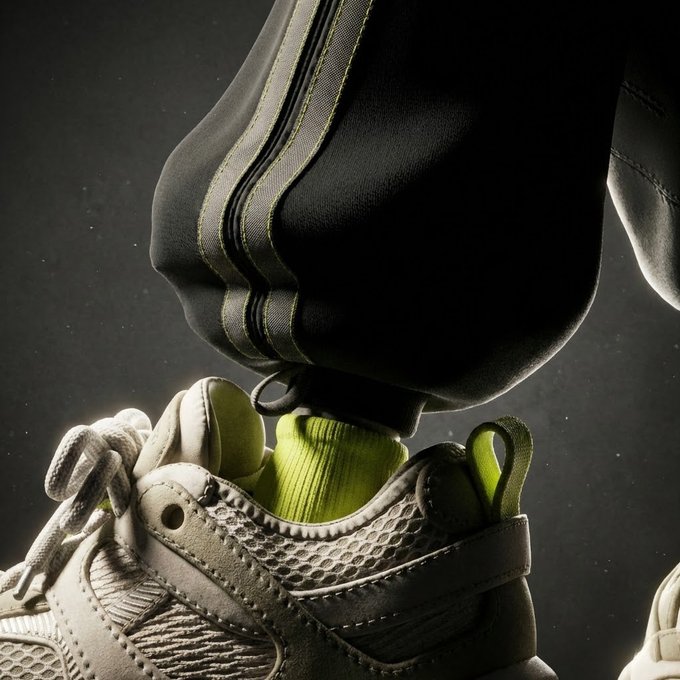 The image showcases a close-up of feet wearing chunky white sneakers with vibrant neon green socks peeking out from under dark, baggy pants—a striking, futuristic aesthetic that captures the bold visual experimentation the post reminisces about from the early NFT era. The contrasting textures and unexpected color pops evoke the kind of playful, character-driven style that once defined NFT art communities.