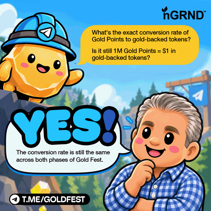 A promotional graphic from 'hGRND' featuring a mining mascot and a cartoon man, answering 'YES!' to the question about the Gold Fest conversion rate, linking to 'T.ME/GOLDFEST'.