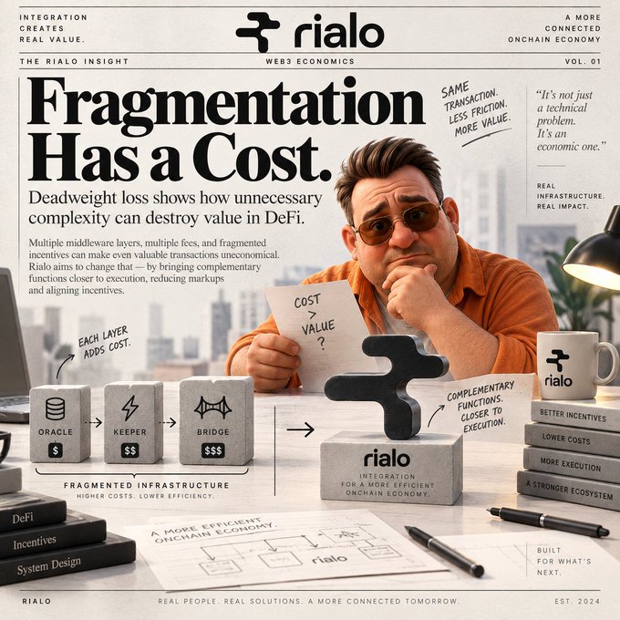 A magazine-style infographic for 'rialo' titled 'Fragmentation Has a Cost.' featuring a man in an orange shirt holding a paper reading 'COST = VALUE?', surrounded by diagrams showing fragmented DeFi infrastructure being consolidated.