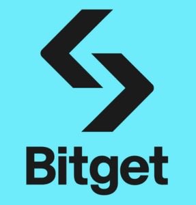 The image shows the Bitget logo, featuring a bold black "S"-shaped arrow symbol above the word "Bitget" on a light blue background, visually representing the cryptocurrency exchange implicated in the news of a Lazarus Group hack resulting in approximately 260 billion KRW being stolen and laundered through Ethereum.