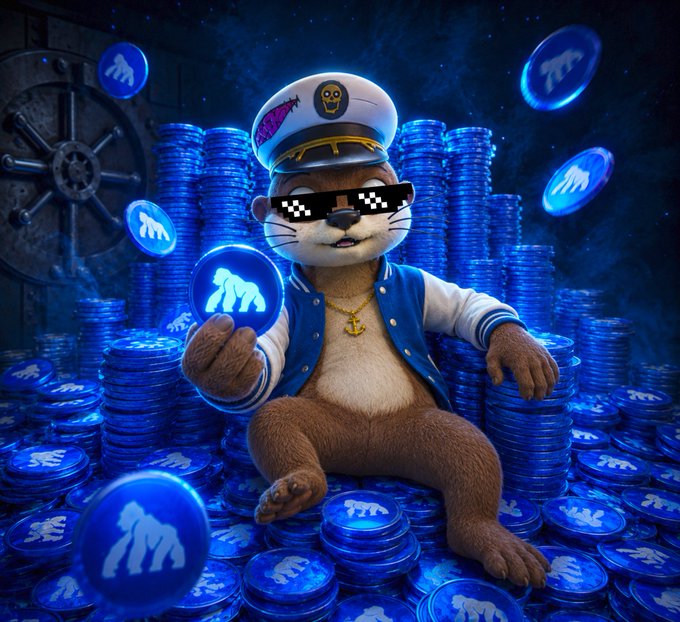 Digital artwork of an otter wearing pixelated sunglasses and a captain's hat, surrounded by stacks of blue crypto coins featuring a bear logo, with a ship's wheel in the background.