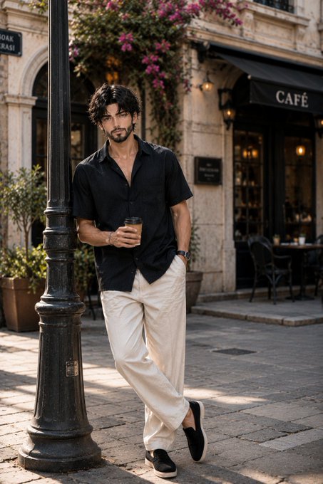 A stylish man in a black shirt and cream pants leaning against a lamp post in front of a 'CAFÉ'.