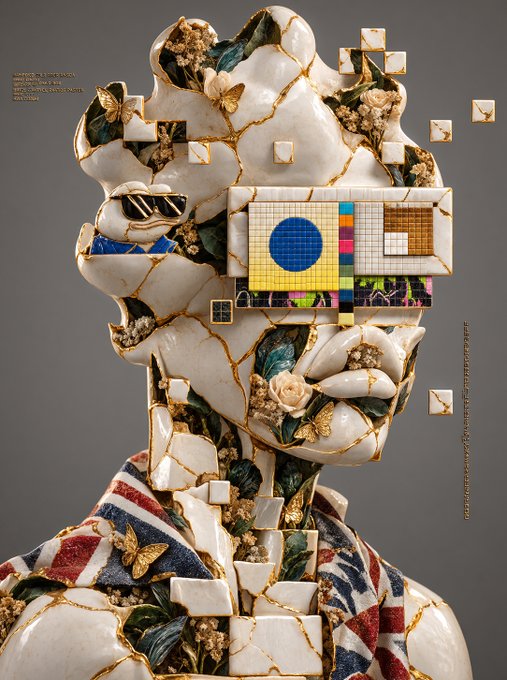 A digital artwork showing a fractured classical bust made of marble and gold with flowers, wearing a patterned garment, with digital color test patterns overlaid on the face.