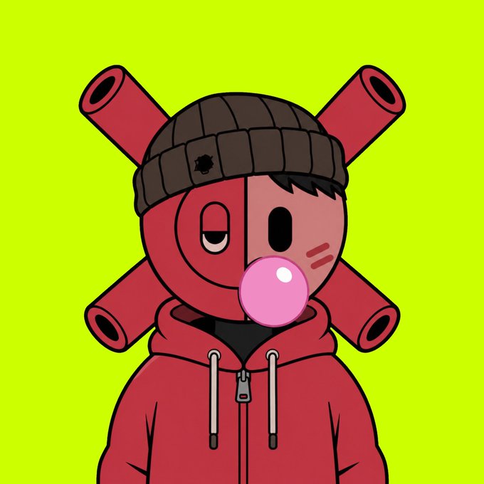 Cartoon illustration of a character in a red hoodie wearing a brown beanie, with a pink bubblegum bubble, a half-mask face design, and red cylindrical objects crossed behind the head against a bright green background.
